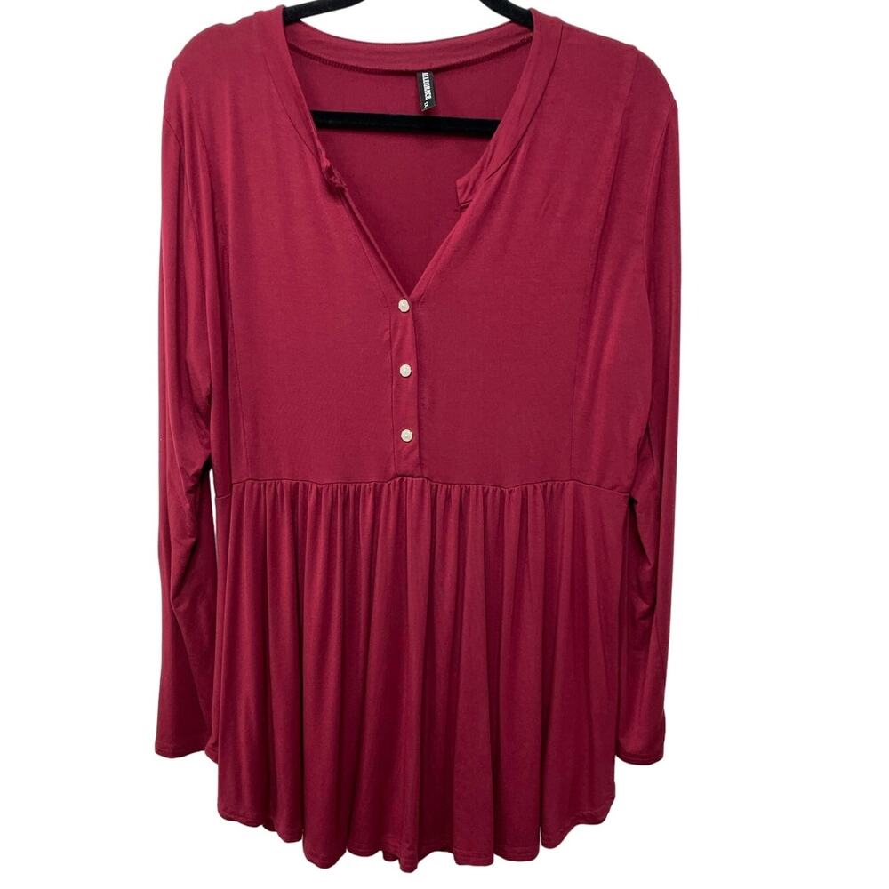 Allegrace Empire Waist‎ Henley V Neck Tunic Top Burgundy 1X Peasant Festival